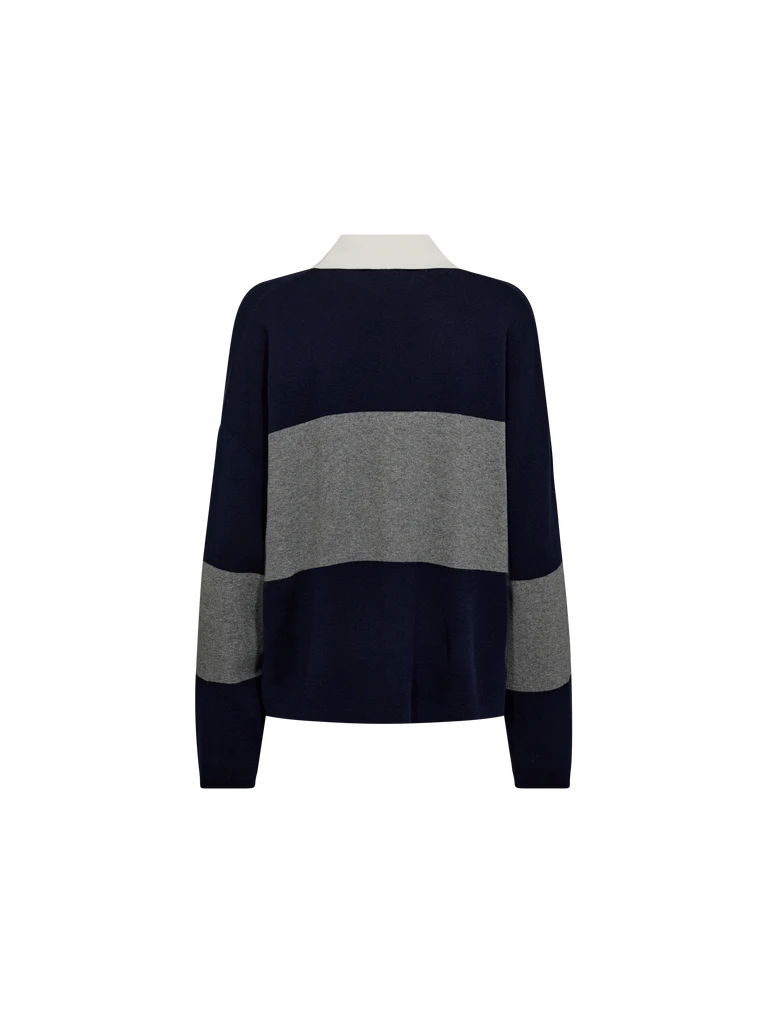 v neck navy and grey striped jumper with contrasting white collar from mos mosh rear view