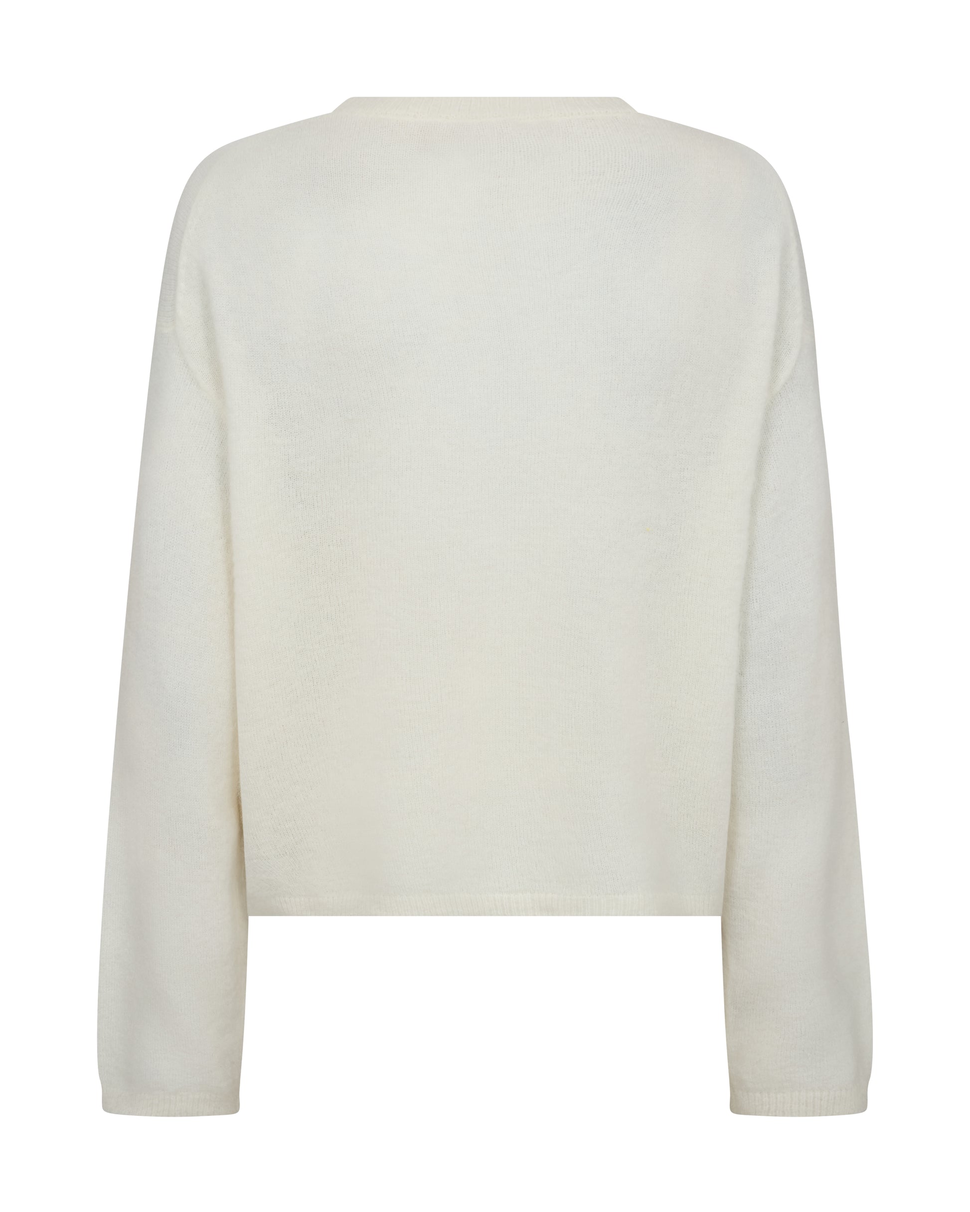 Back of ecru sweater on a white background