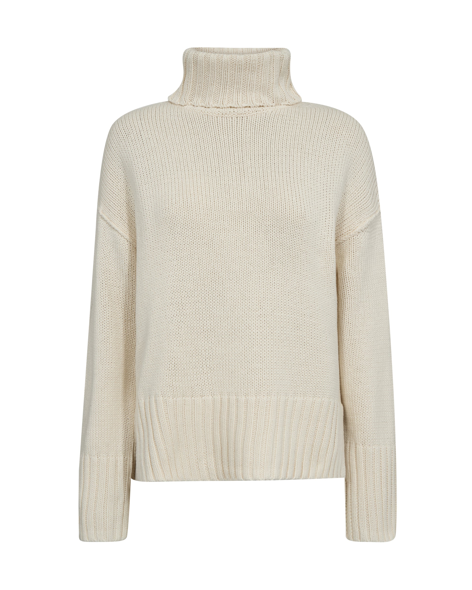 ecru knitted rollneck with deep ribbed hem, cuffs and hem