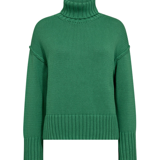 green knitted cotton rollneck with deep ribbed hem, cuffs and neck