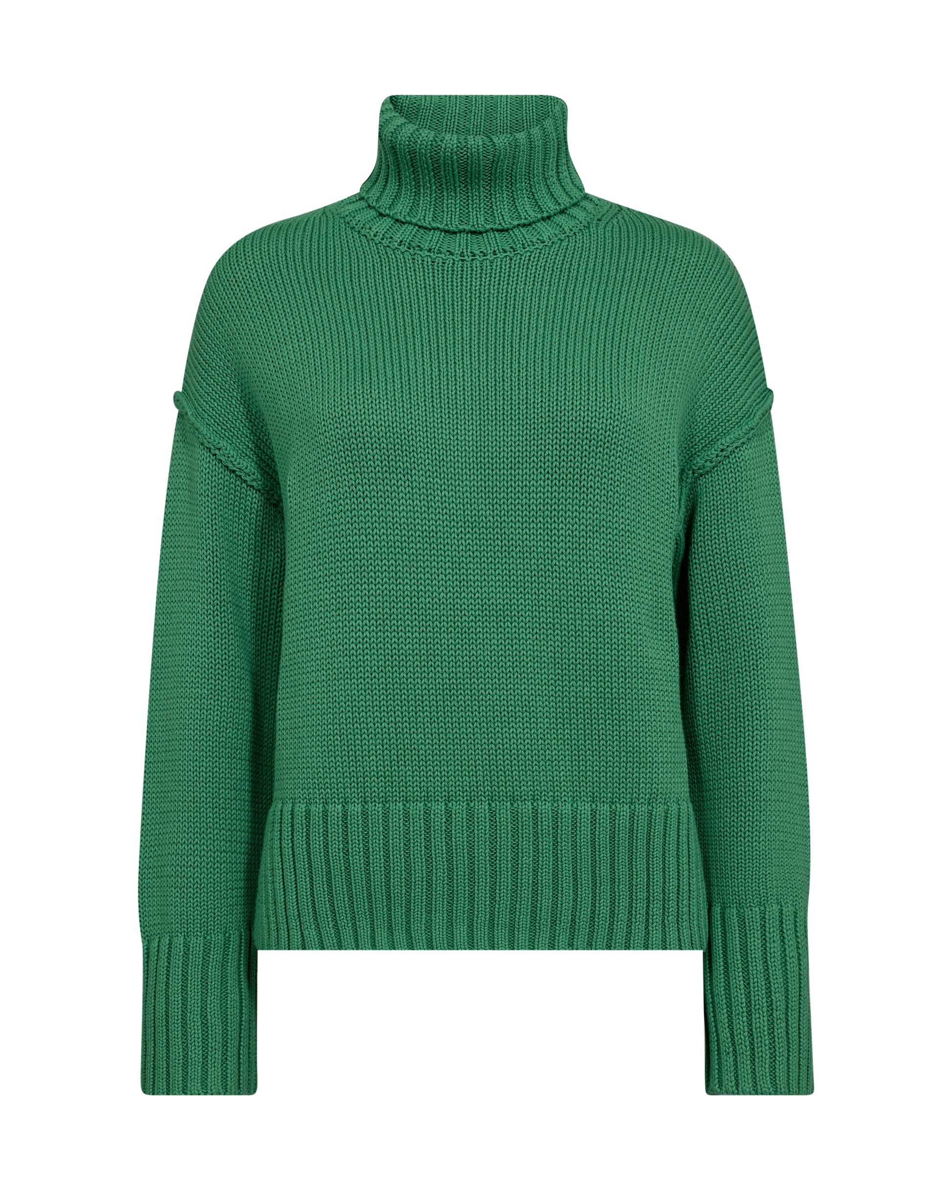 green knitted cotton rollneck with deep ribbed hem, cuffs and neck