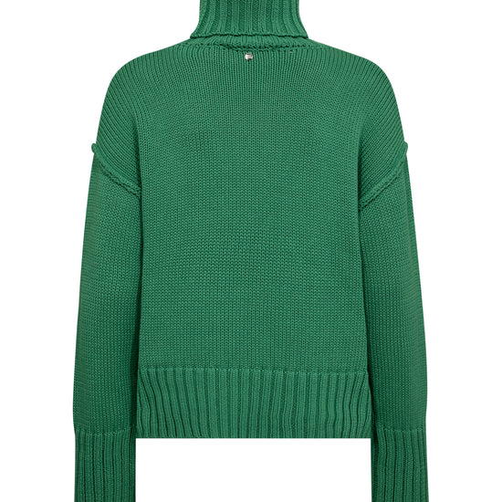 green knitted cotton rollneck with deep ribbed hem, cuffs and neck rear view