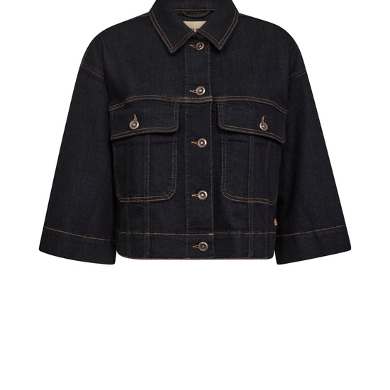 dark blue boxy denim jacket with 2 large buttoned pockets 