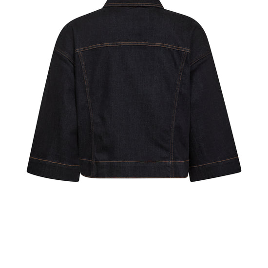 dark blue boxy denim jacket with 2 large buttoned pockets  rear view