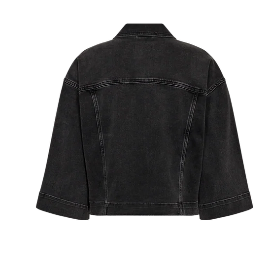 grey denim jacket on a white background rear view from mos mosh