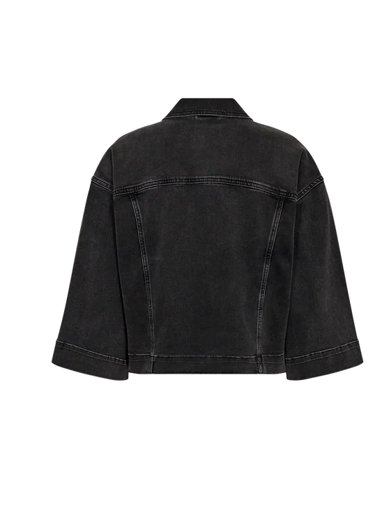 grey denim jacket on a white background rear view from mos mosh