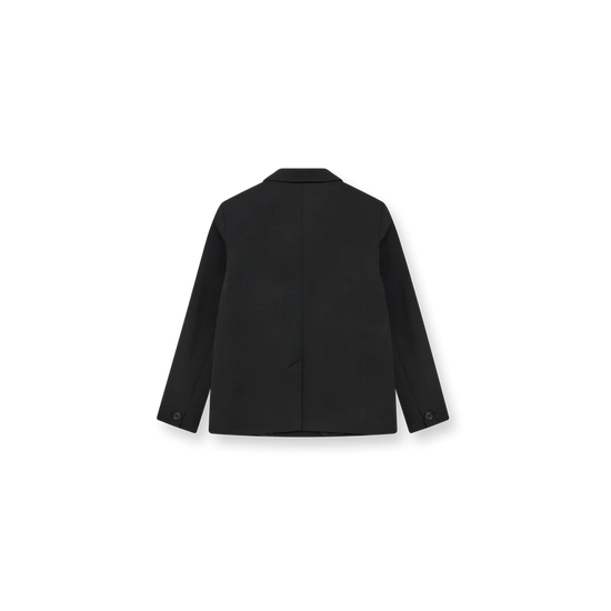 double breasted black blazer with notch lapels and welted flap pockets from heyanno rear view