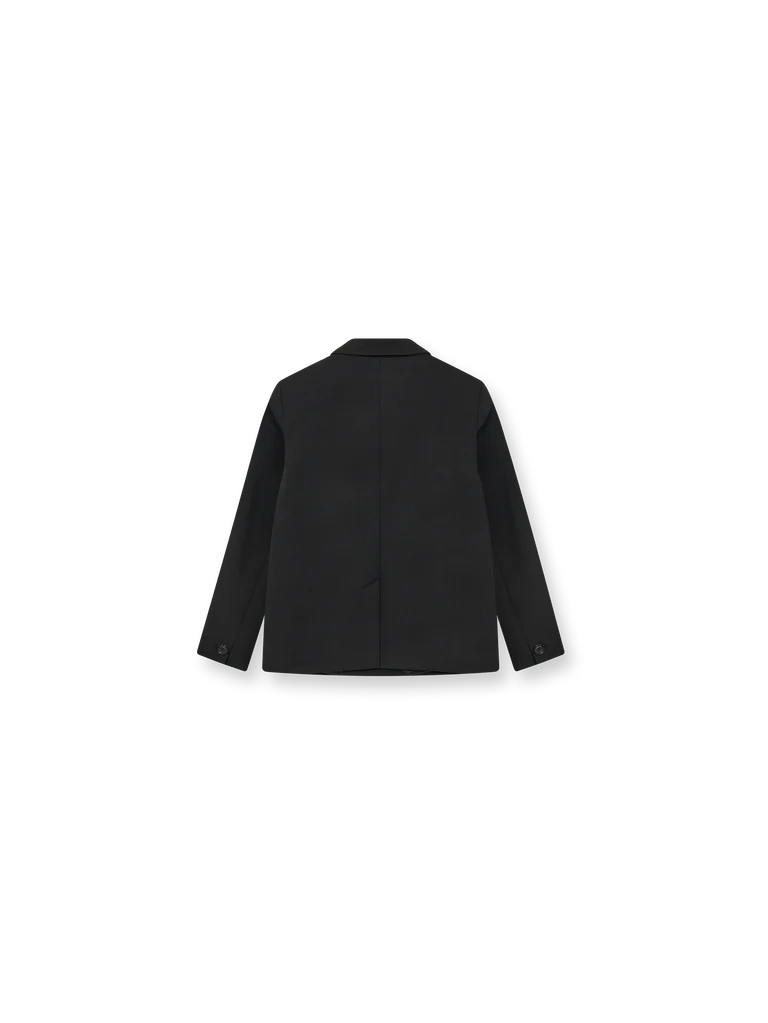 double breasted black blazer with notch lapels and welted flap pockets from heyanno rear view