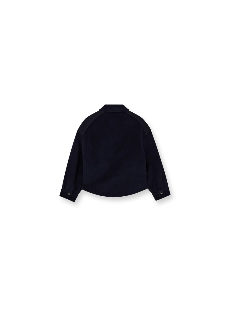 navy blue jack with collar, large buttons and oversized fit from heyanno rear view