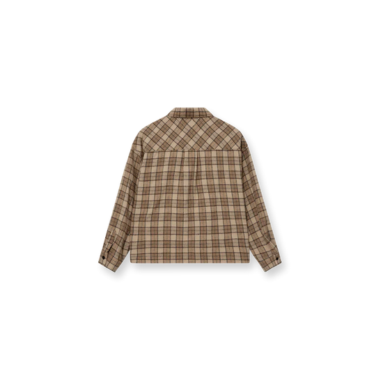 brown/beige checked shirt with chest pocket and black buttons from heyanno rear view
