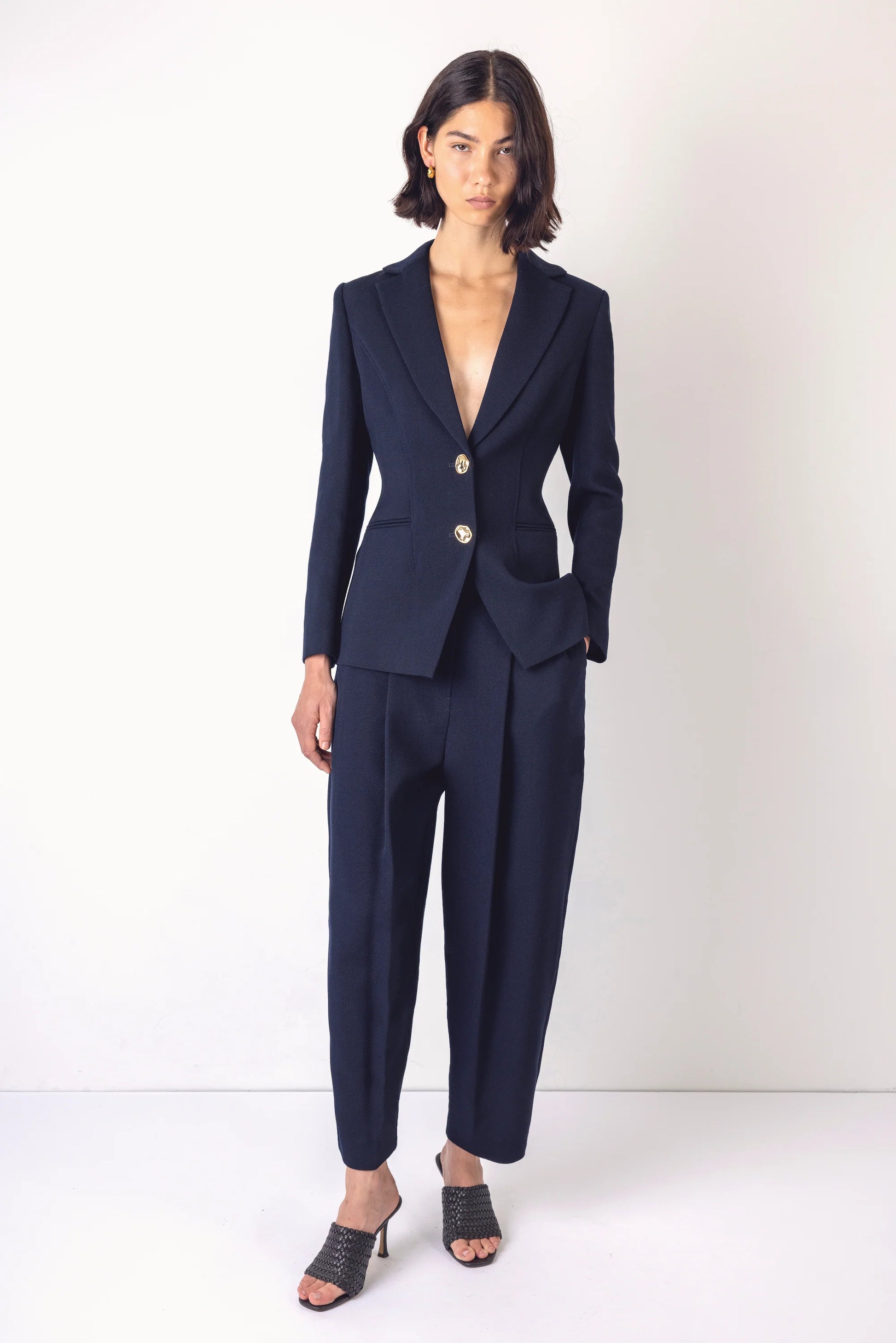 navy structured blazer with 2 gold hammered buttons model shot