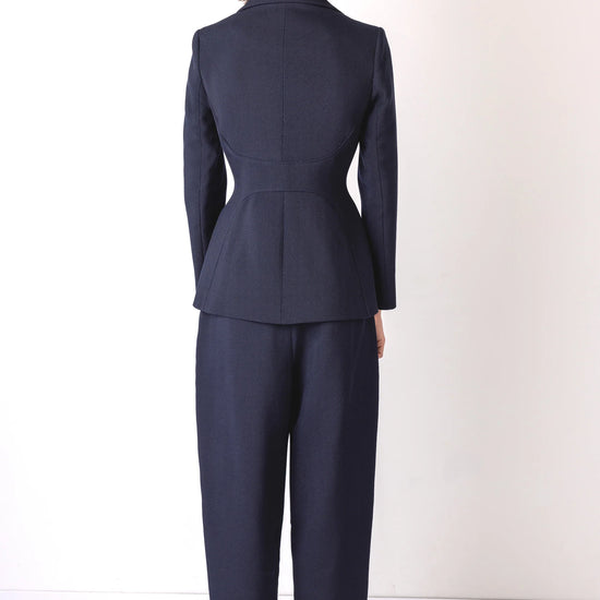 navy structured blazer with 2 gold hammered buttons rear view