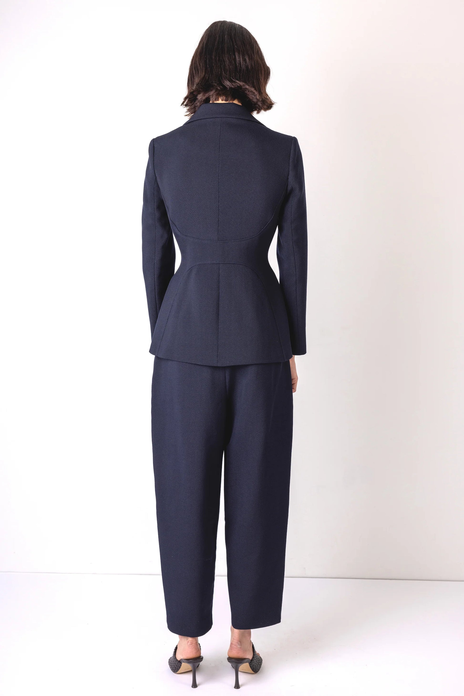 navy structured blazer with 2 gold hammered buttons rear view