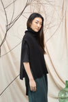 black knitted vest with rib detailing, sleeveless and roll neck side view