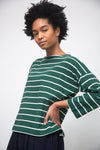 green and off white stripe top with boat neck and long sleeves