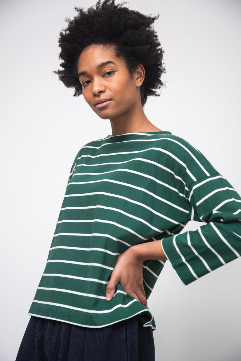 green and off white stripe top with boat neck and long sleeves