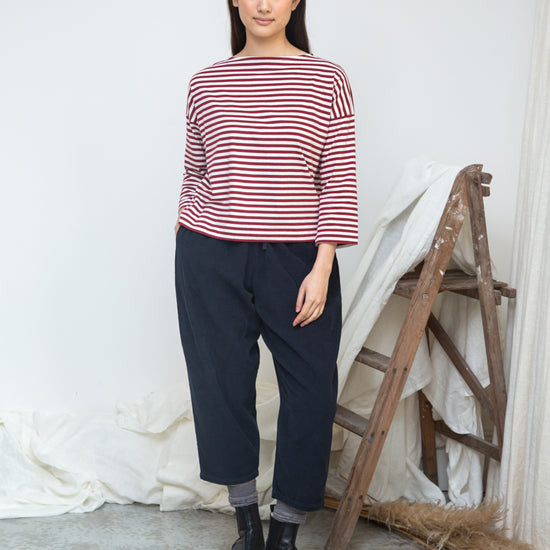 burgundy stripe top with boat neck and long sleeves 