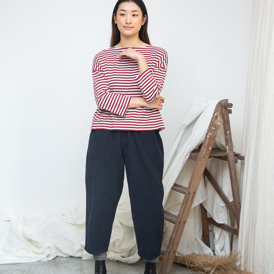 burgundy stripe top with boat neck and long sleeves 