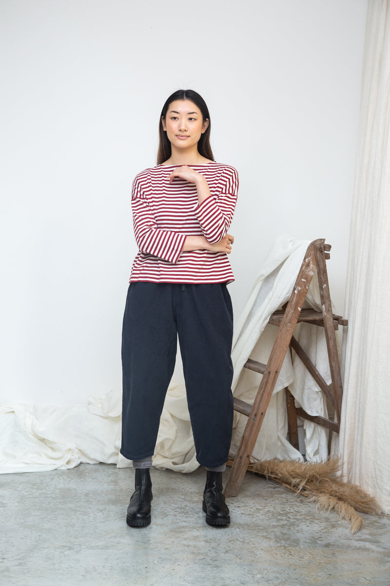 burgundy stripe top with boat neck and long sleeves 