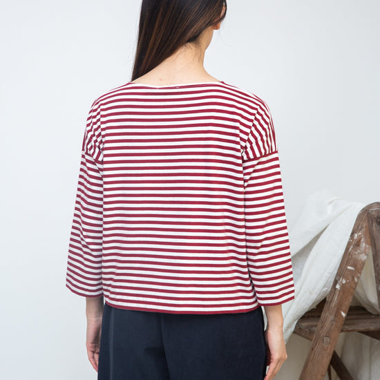 burgundy stripe top with boat neck and long sleeves  rear view 