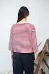 burgundy stripe top with boat neck and long sleeves  rear view 