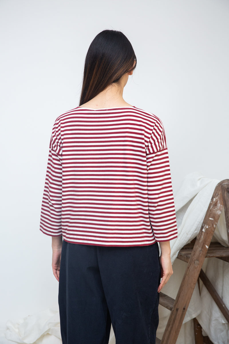 burgundy stripe top with boat neck and long sleeves  rear view 