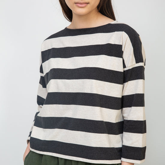 charcoal grey stripe top with boat neck and long sleeves 