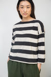 charcoal grey stripe top with boat neck and long sleeves 