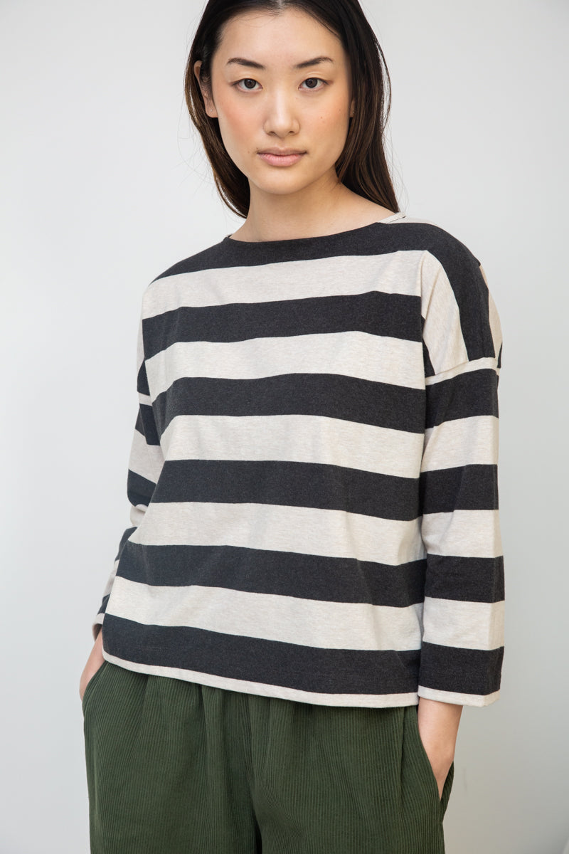 charcoal grey stripe top with boat neck and long sleeves 