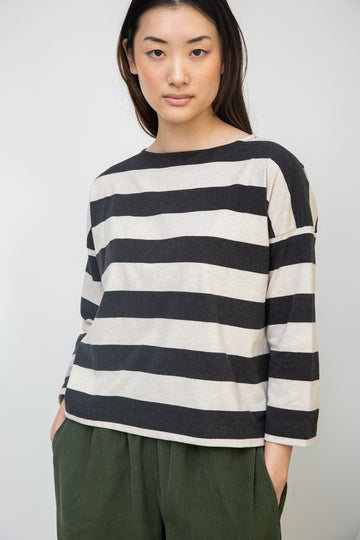 charcoal grey stripe top with boat neck and long sleeves 