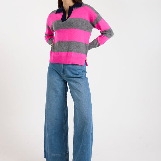 grey and pink striped cashmere rugby style jumper model shot