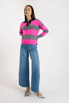 grey and pink striped cashmere rugby style jumper model shot