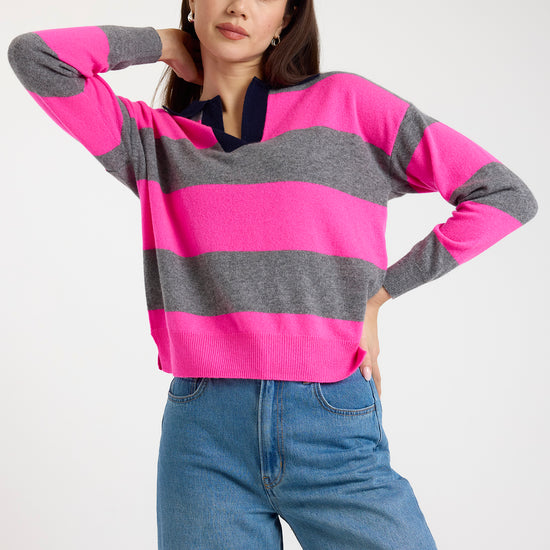 grey and pink striped cashmere rugby style jumper 