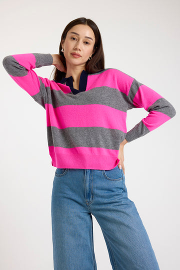 grey and pink striped cashmere rugby style jumper 