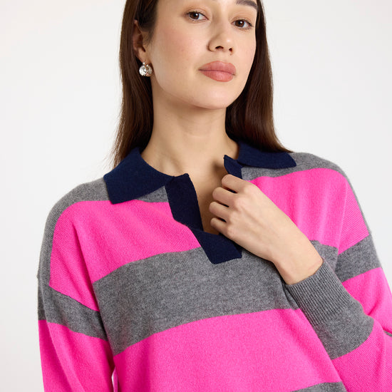 grey and pink striped cashmere rugby style jumper  model shot