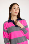 grey and pink striped cashmere rugby style jumper  model shot