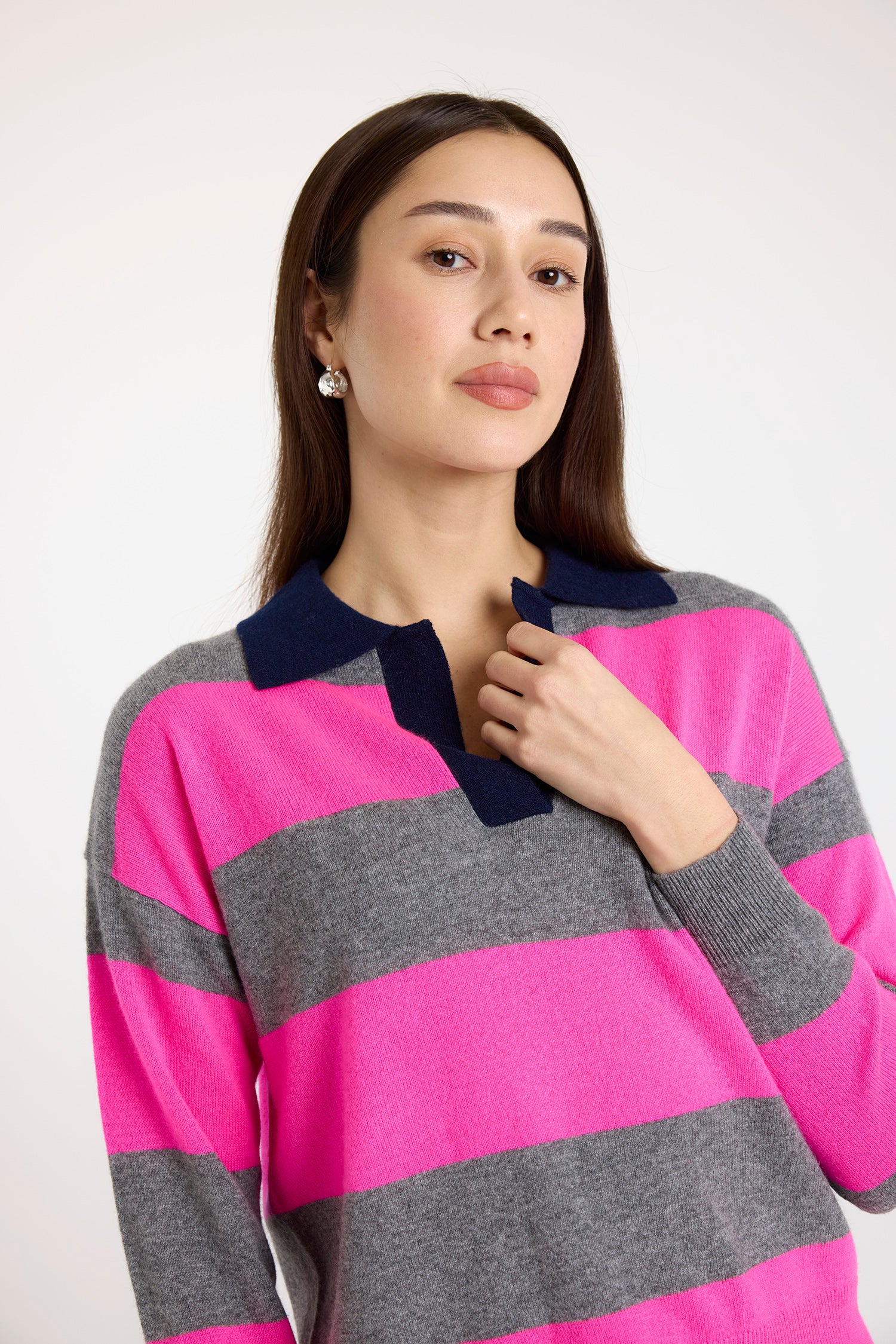 grey and pink striped cashmere rugby style jumper  model shot