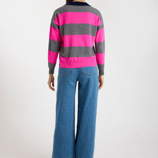 grey and pink striped cashmere rugby style jumper  rear view