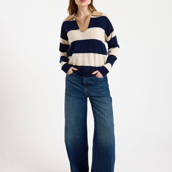 navy and beige striped cashmere rugby style jumper model shot