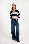 navy and beige striped cashmere rugby style jumper model shot