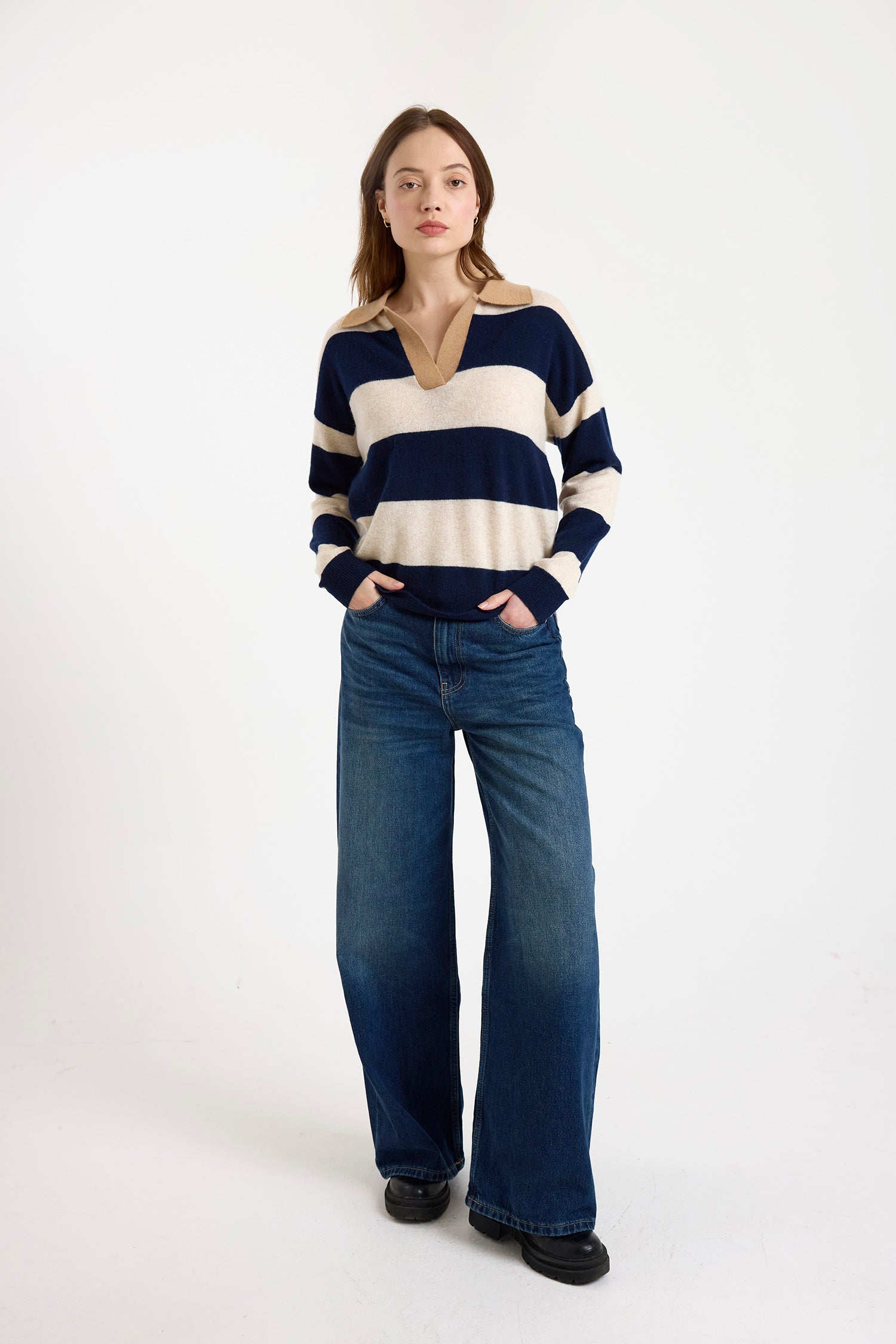 navy and beige striped cashmere rugby style jumper model shot