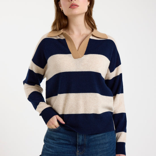 navy and beige striped cashmere rugby style jumper 
