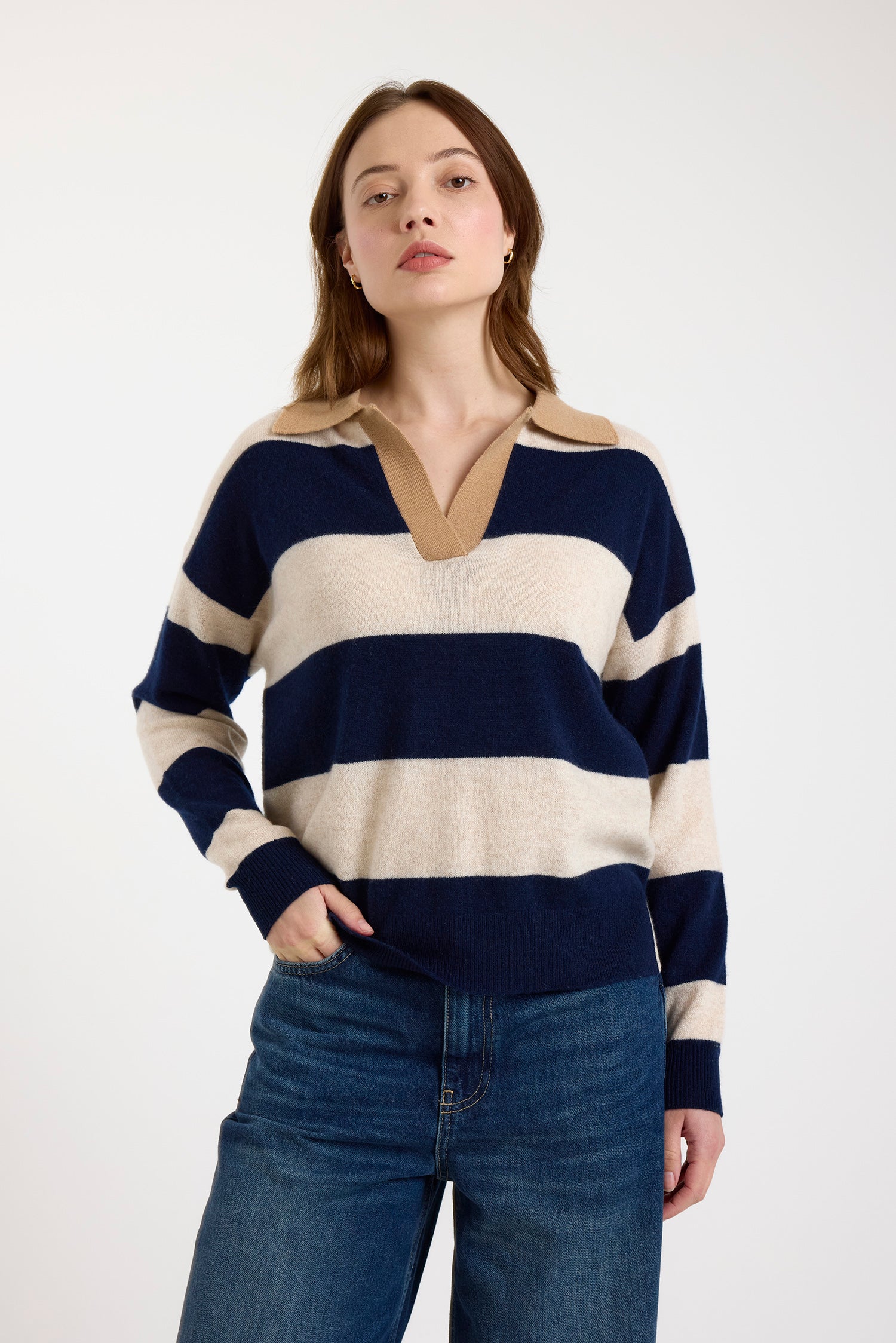 navy and beige striped cashmere rugby style jumper 
