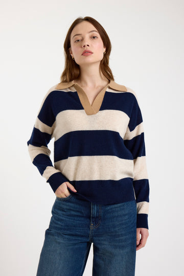 navy and beige striped cashmere rugby style jumper 