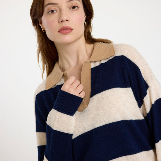 navy and beige striped cashmere rugby style jumper  model shot