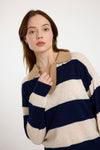 navy and beige striped cashmere rugby style jumper  model shot