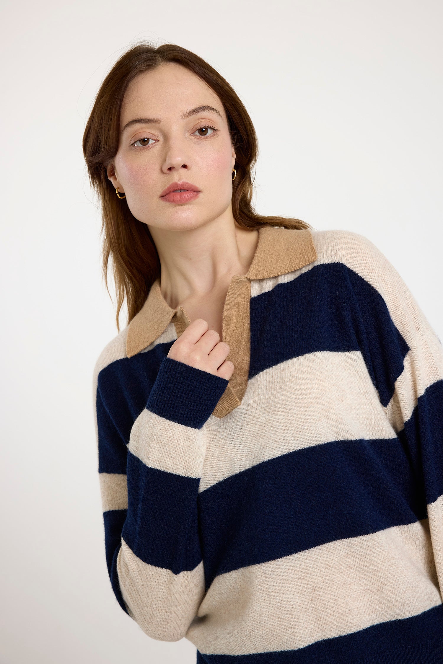 navy and beige striped cashmere rugby style jumper  model shot