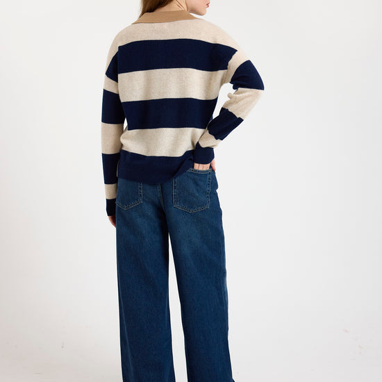 navy and beige striped cashmere rugby style jumper  rear view