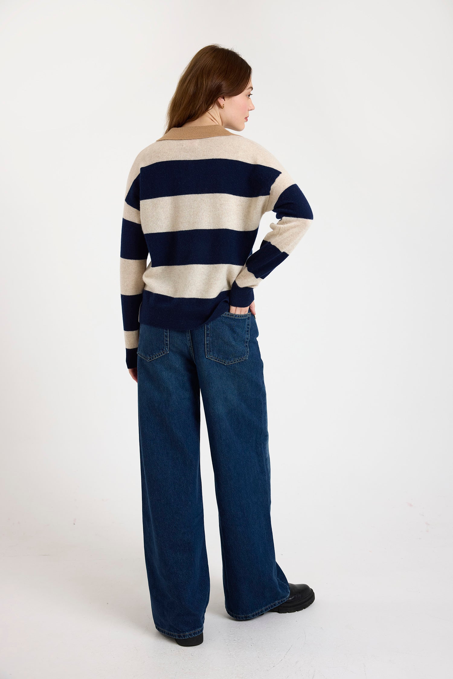 navy and beige striped cashmere rugby style jumper  rear view