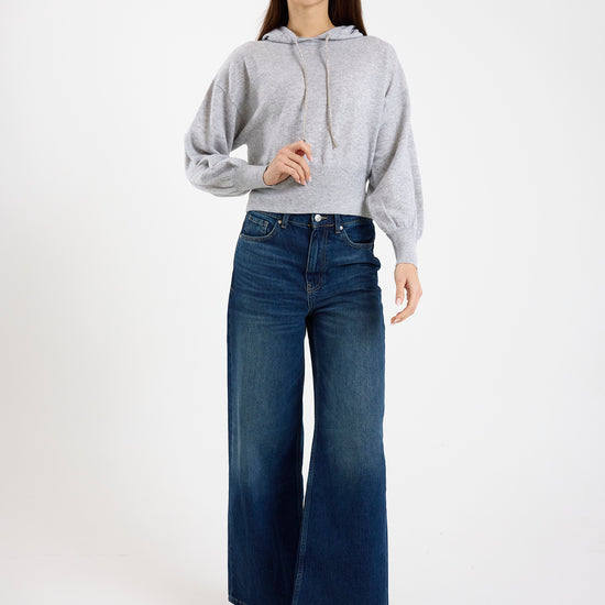 grey hoodie with rhinestone drawstrings model shot